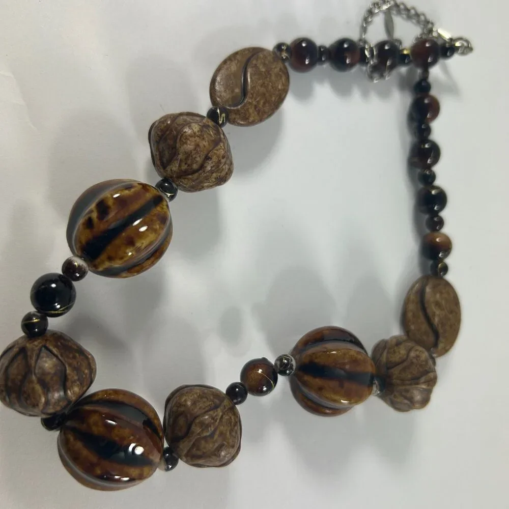 Esmor Beaded Necklace Brown Silver Tone Textured Graduated Ethnic 16-21